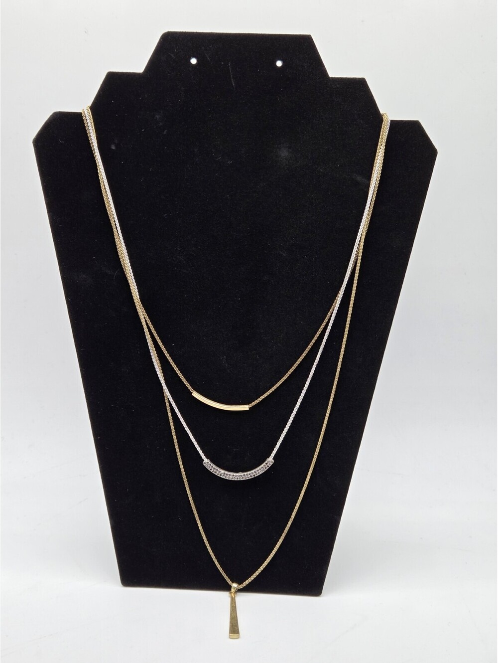 Layered Gold Tone & Silver Tone Rhinestone Bar Pendant Necklace Adjustable...